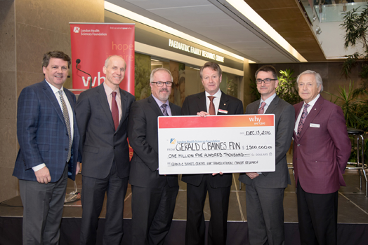 From left: London Health Sciences Foundation President & CEO John MacFarlane, Cancer Care Ontario President & CEO Dr. Michael Sherar, LHSC VP, Cancer Care and Corporate Strategy Neil Johnson, Gerald C. Baines Foundation Board Chair Kirk Baines, City-wide Chair/Chief of Oncology Dr. Glenn Bauman, and LHSF Board Member Tony Dagnone. Gerald C. Baines Foundation Board Chair Kirk Baines presents a $1.5 million cheque to support cancer research at London Health Sciences Centre