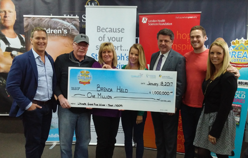 Million dollar payout - Brenda and John Held of London will be choosing between a prize home package worth $1.3 million or a cash option of $1 million after Brenda Held's number was drawn this morning in the Dream Lottery. From left: Doug Wastell of Wastell Homes, John Held, Dream Lottery winner Brenda Held, T.V. personality Sherry Holmes, London Health Sciences President & CEO John MacFarlane, T.V. personality Mike Holmes Jr., and Sue Wastell of Wastell Homes Million dollar payout - Brenda and John Held of London will be choosing between a prize home package worth $1.3 million or a cash option of $1 million after Brenda Held's number was drawn this morning in the Dream Lottery. From left: Doug Wastell of Wastell Homes, John Held, Dream Lottery winner Brenda Held, T.V. personality Sherry Holmes, London Health Sciences President & CEO John MacFarlane, T.V. personality Mike Holmes Jr., and Sue Wastell of Wastell Homes