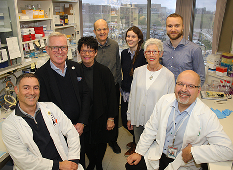 From left: Dr. Trevor Shepherd, Peter and Trudy Channer, Sheila Fletcher, Dr. Gabriel DiMattia, (back row) the Pooley Family (not pictured: Robert Freeland and George Monckton) Donors of the IncuCyte System London Health Sciences Foundation