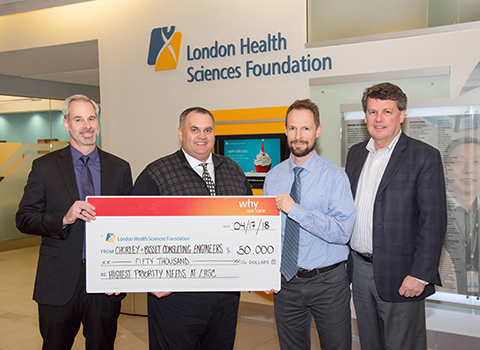 Derek Vakaras, Vice President, Chorley + Bisset; Dennis Dawe, President, Chorley + Bisset; Michael Myatt, Director, Chorley + Bisset; and John MacFarlane, President and CEO, London Health Sciences Foundation Chorley + Bisset Consulting Engineers