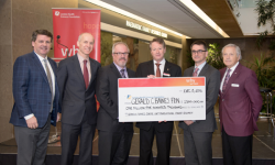 From left: London Health Sciences Foundation President & CEO John MacFarlane, Cancer Care Ontario President & CEO Dr. Michael Sherar, LHSC VP, Cancer Care and Corporate Strategy Neil Johnson, Gerald C. Baines Foundation Board Chair Kirk Baines, City-wide Chair/Chief of Oncology Dr. Glenn Bauman, and LHSF Board Member Tony Dagnone. Gerald C. Baines Foundation Board Chair Kirk Baines presents a $1.5 million cheque to support cancer research at London Health Sciences Centre
